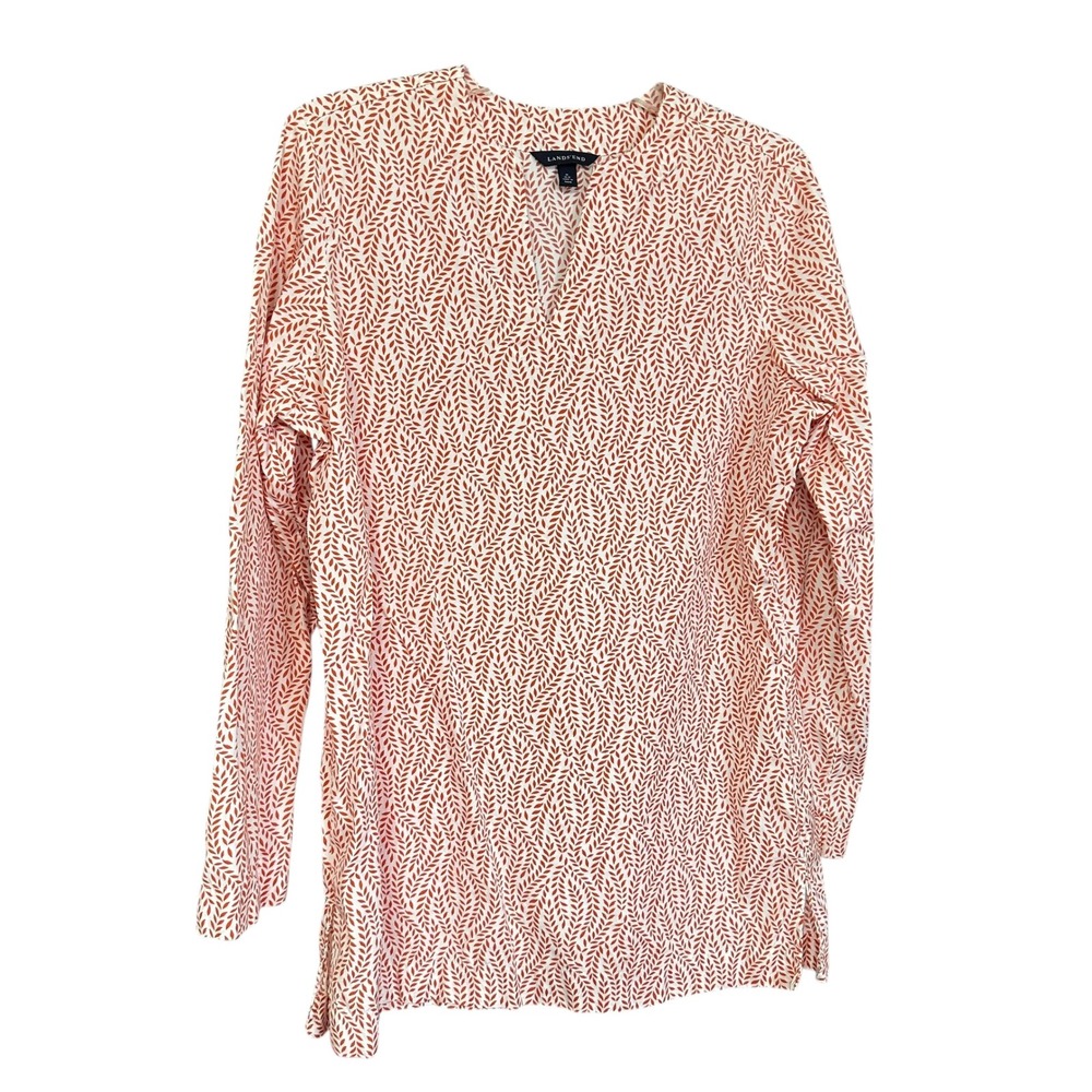 Lands End Womens M Orange Leaf Print‎ V Neck Tunic Shirt Popover Top Travel